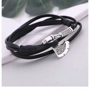 *NEW* Viking Leather Rope Bracelet, Viking Axe Leather Bracelet (Black)